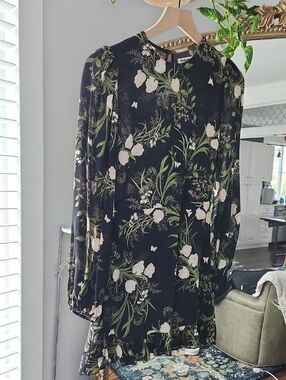 Reformation Black Floral Long-Sleeve Dress with Green & Cream Accents